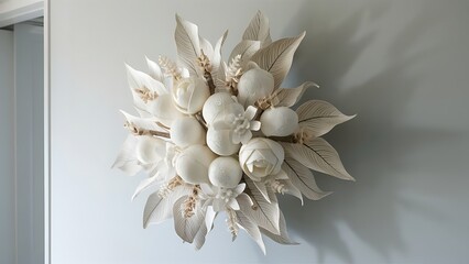 Bouquet of lovely white ornamental flower made of material and plastic hanging on a wall as part of interior