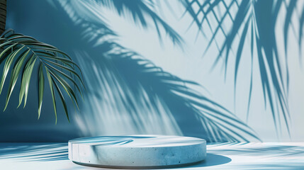 Obraz premium Abstract background for a product presentation, a blue round podium with a palm leaf shadow on the wall. A mockup scene for cosmetic products in the style of a summer mood. Minimal abstract wallpaper.