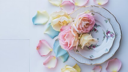 pastel colors with rose petals and plate on white background top view