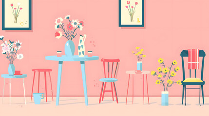 A room with a pink wall and a table with a vase of flowers on it