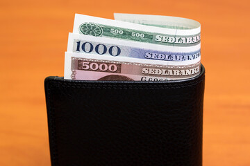 Old Icelandic crown in the black wallet