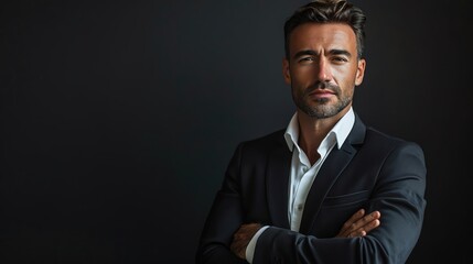A half-body shot of a businessman feeling confident with a sleek black background, ample copy space