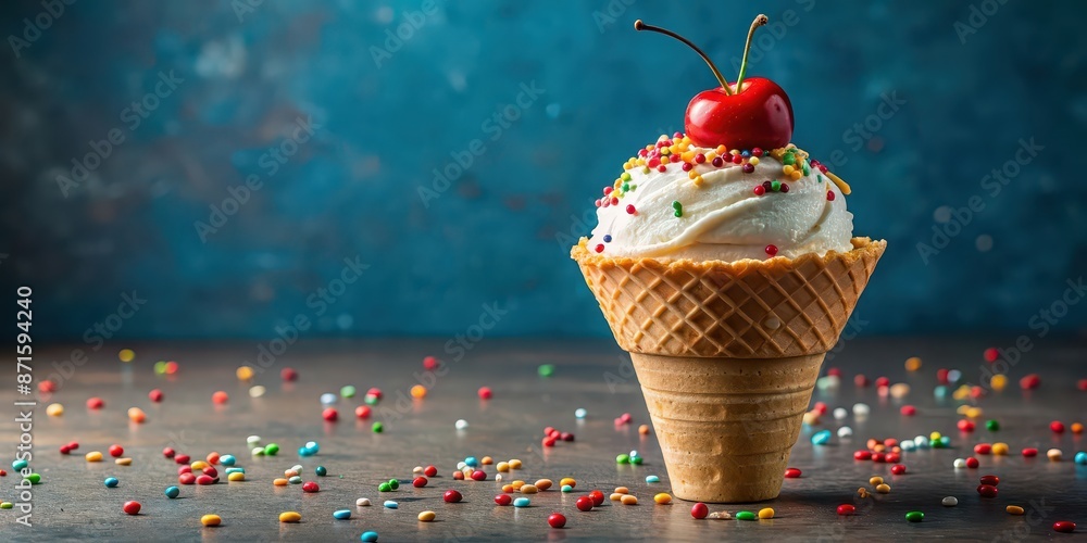 Canvas Prints Creamy vanilla ice cream in a waffle cone with colorful sprinkles and a cherry on top, ice cream, dessert, sweet, frozen