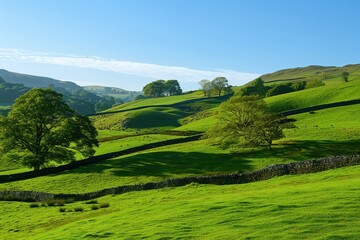 Obraz premium serene rolling countryside with farm in the morning sun