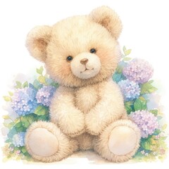 Fototapeta premium teddy bear with hydrangea flower watercolor clipart illustration 