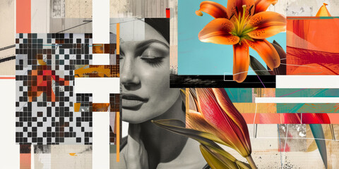 Abstract Fusion of Woman's Portrait with Floral Elements and Modern Geometric Patterns