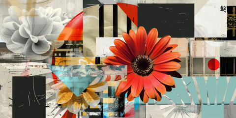 Contemporary Abstract Floral Artwork with Vibrant Geometric Patterns
