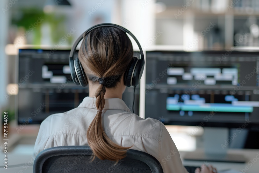 Poster woman edits video project on computer with wireless headphones. minimalist workspace with two monito