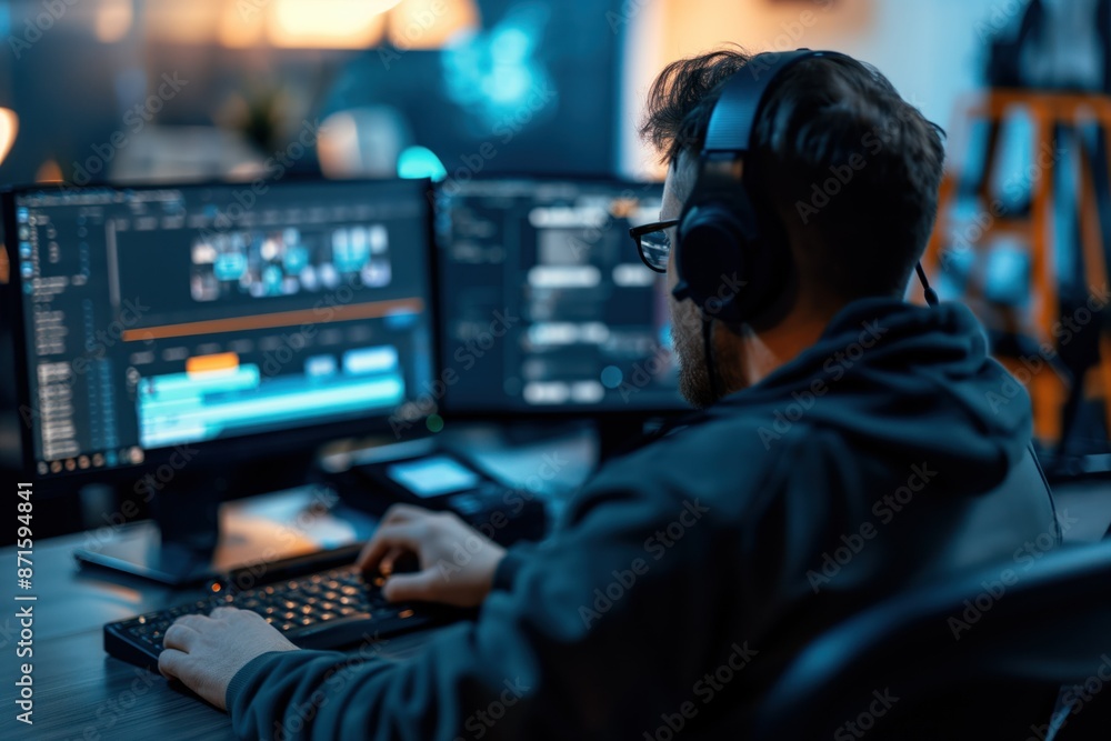 Poster male video editor works on computer with keyboard and mouse. focused creator wears black hoodie and 