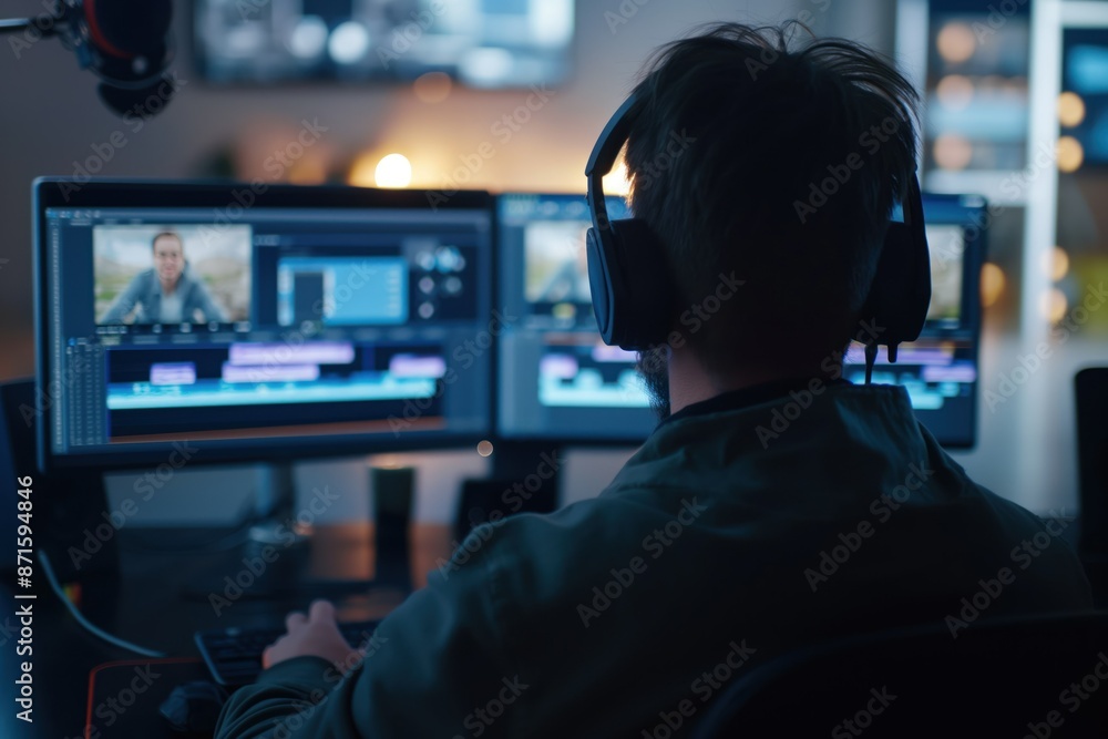 Poster male video editor works on computer with dual monitors in modern studio. professional content creato