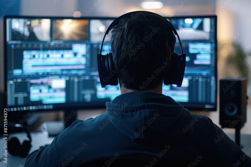 Poster male video editor works on computer with multiple screens. he wears black hoodie and headphones whil