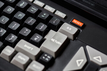 detail, keyboard, antique, old, keys, black, gray, computer, letters, characters, plastic, cursors, 

