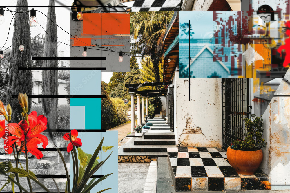 Poster abstract collage of architectural elements and nature with vibrant geometric patterns