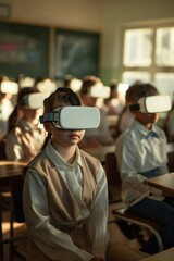 Young girl wears VR goggles in classroom with other students. Pupils learn with virtual reality technology. Education innovation concept photo shows futuristic learning environment.