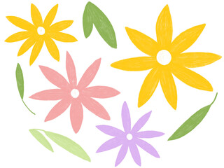 Colorful Flowers and Leaves Color Pencil Drawing, Isolated PNG, Pink, Yellow, Purple, Floral Illustration