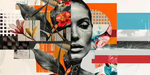 Modern Mixed Media Collage Art with Floral Elements and Portrait on a Geometric Background