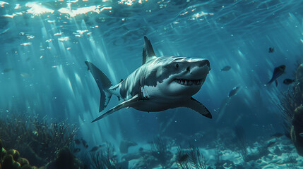 Fototapeta premium Great White Shark Underwater. This stunning underwater image captures a majestic great white shark swimming through the ocean depths. 