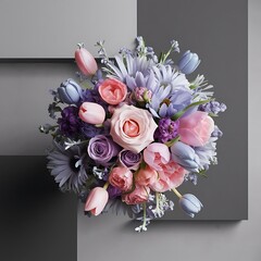 Bouquet of pastel color flowers on gray background top view
