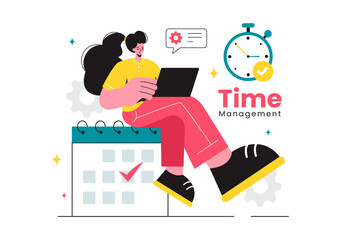Vector Illustration of Time Management with Clock Controls and Task Planning, Training Activities, and Schedule in a Flat Cartoon Style Background