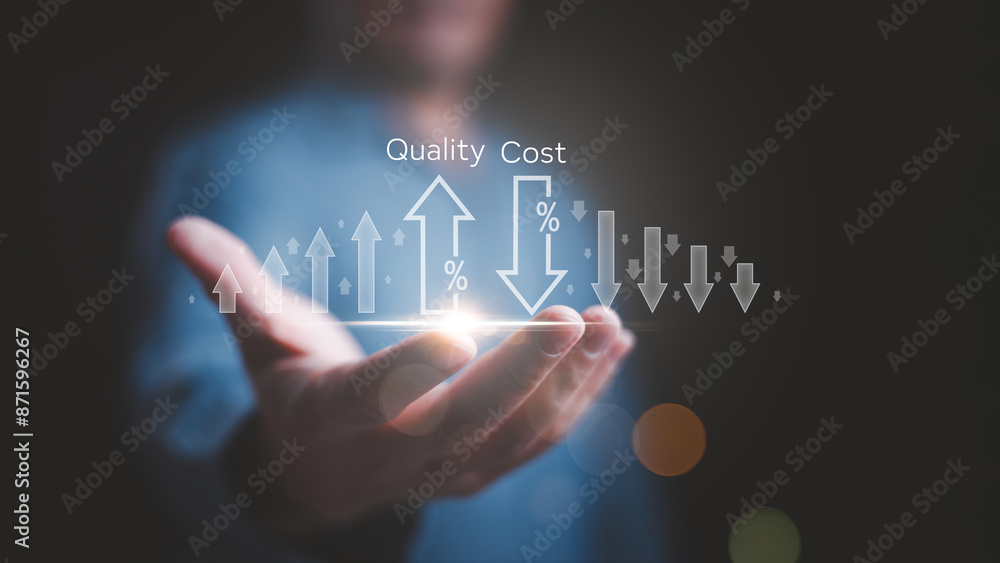 Poster cost and quality control concept. businessman hold cost and quality icons to improve process efficie