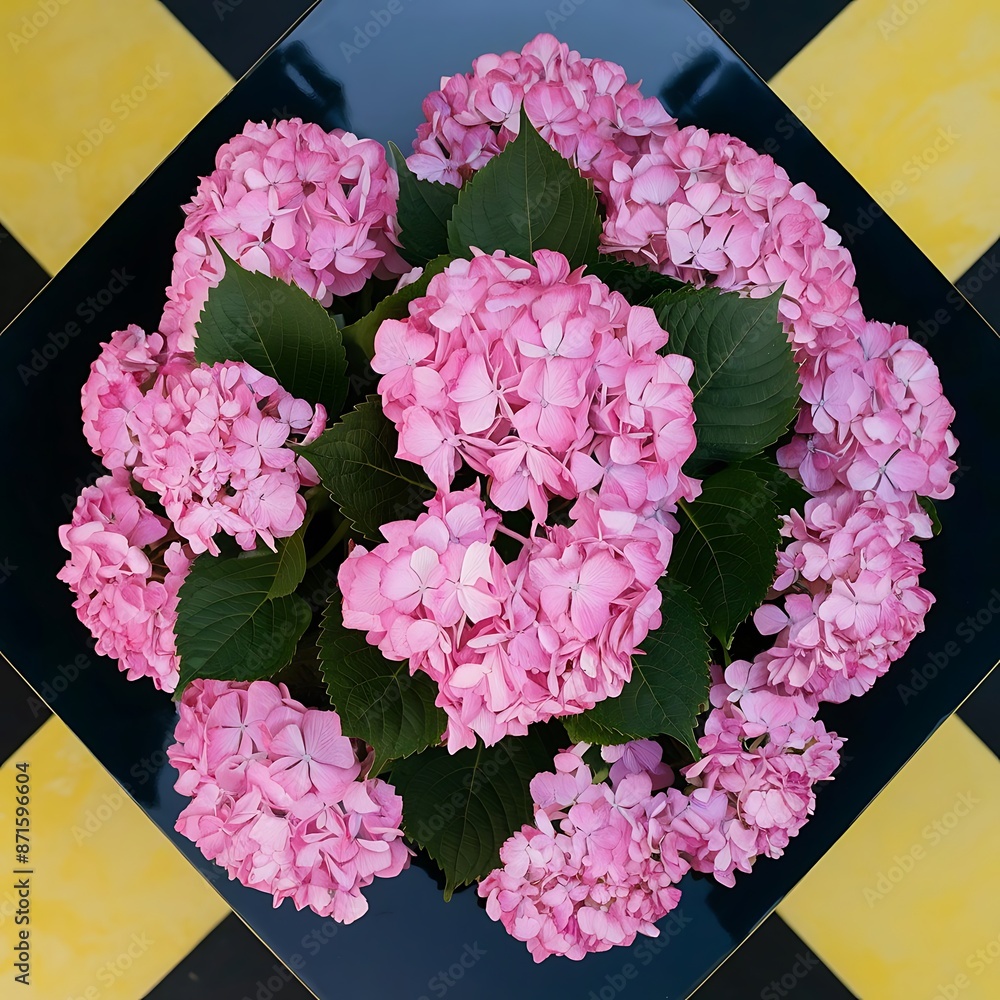 Wall mural A top view of a bouquet of pink hydrangeas on a black and yellow surfac