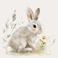 Gentle Watercolor Illustration of a Cute Bunny with Flowers and Leaves