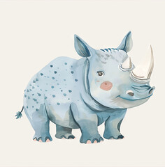 Fototapeta premium Cute Watercolor Rhino Illustration Adorable Blue Baby Rhinoceros Art for Children's Decor