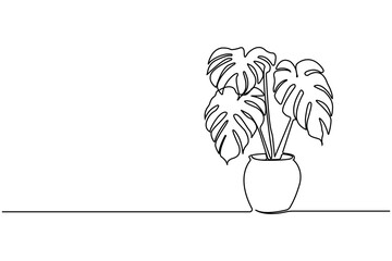 Monstera plant hand-drawn continuous one-line drawing isolated on white background.