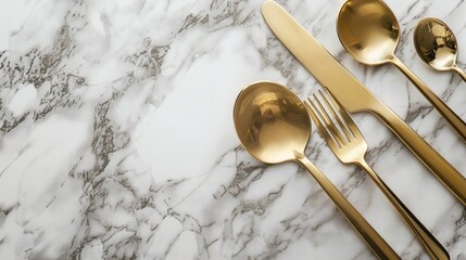 Design idea Shiny gold cutlery on bright marble surface viewed from above