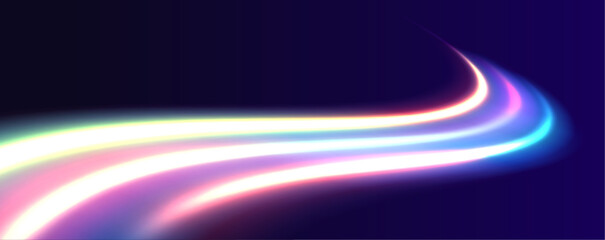 Light and stripes moving fast over dark background. Concept of leading in business, Hi tech products, warp speed wormhole science vector design.	