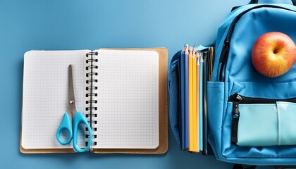 Back to School Background - Start of a New Year at College or University - Composition of School Necessities such as Backpack, Clock, Pencils, Alarm, Chalkboard, Binder, Apple, Scissors