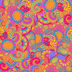 Indian floral ornament seamless pattern. Colorful hand drawn motifs. Use for wallpaper, textile, background, template, print