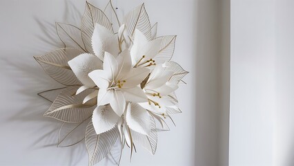Bouquet of lovely white ornamental flower made of material and plastic hanging on a wall as part of interior