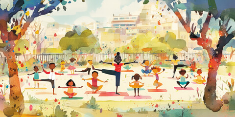Naklejka premium Children Practicing Yoga Outdoors in a Colorful Park Setting