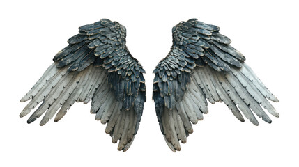 Obraz premium A pair of angel wings, featuring gray and black feathers, isolated on a transparent background. PNG