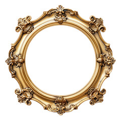 A gold oval picture frame with ornate, floral details isolated on a transparent background. PNG