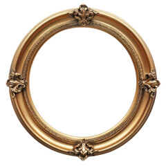 A gold, oval picture frame with ornate details, isolated on a transparent background. PNG