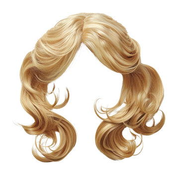 A blonde wig with wavy hair is isolated on a transparent background. PNG