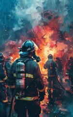 Fototapeta premium Firefighters in full gear confront a massive blaze, their faces obscured by smoke and determination.