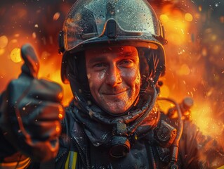 A firefighter gives a thumbs up amidst a fiery blaze, showcasing courage and resilience.