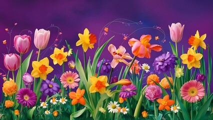 Multicolored spring flowers on purple background