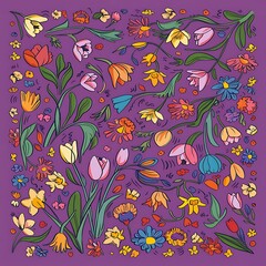 Multicolored spring flowers on purple background