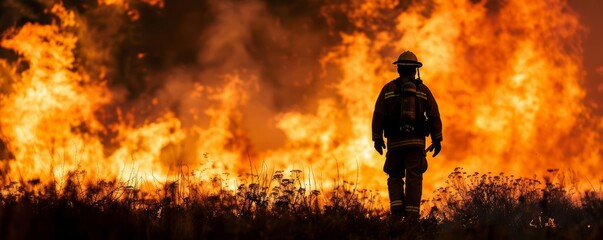 Silhouette of firefighter facing intense blaze.