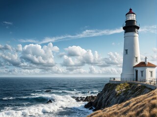 Obraz premium Coastal Beacon: A majestic lighthouse stands tall, guarding the vast ocean horizon. generative AI