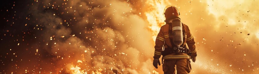 Fototapeta premium Firefighter spraying foam on a chemical fire, firefighter, spraying foam, chemical fire, Specialized firefighting