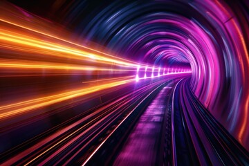 A tunnel with bright purple and yellow lights