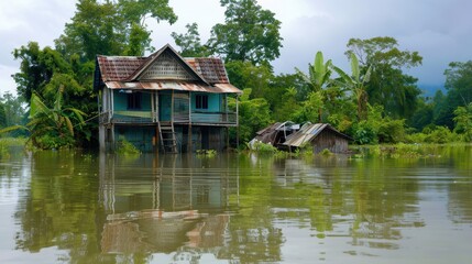A wooden house stands partially submerged in floodwaters