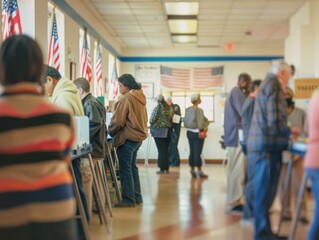Fototapeta premium Civic Engagement at Polling Station: Voters in Line with American Flags, Election Officials and Community Center Setting in Early Morning Light