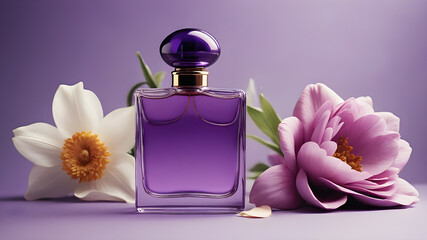 purple bottle of perfume with flower