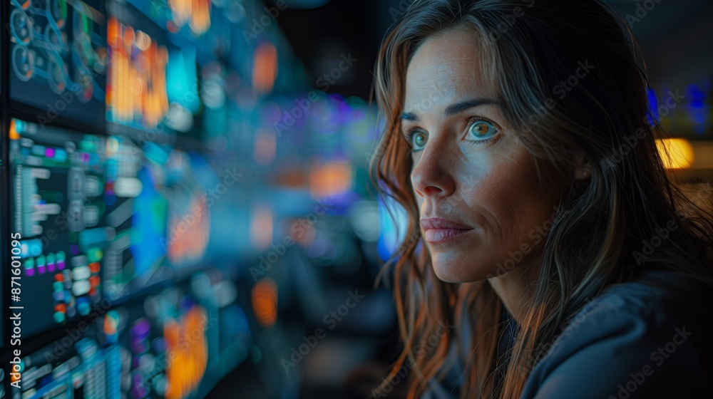 Aufkleber focused woman analyzing data on screens. woman deeply focused while analyzing multiple data screens 